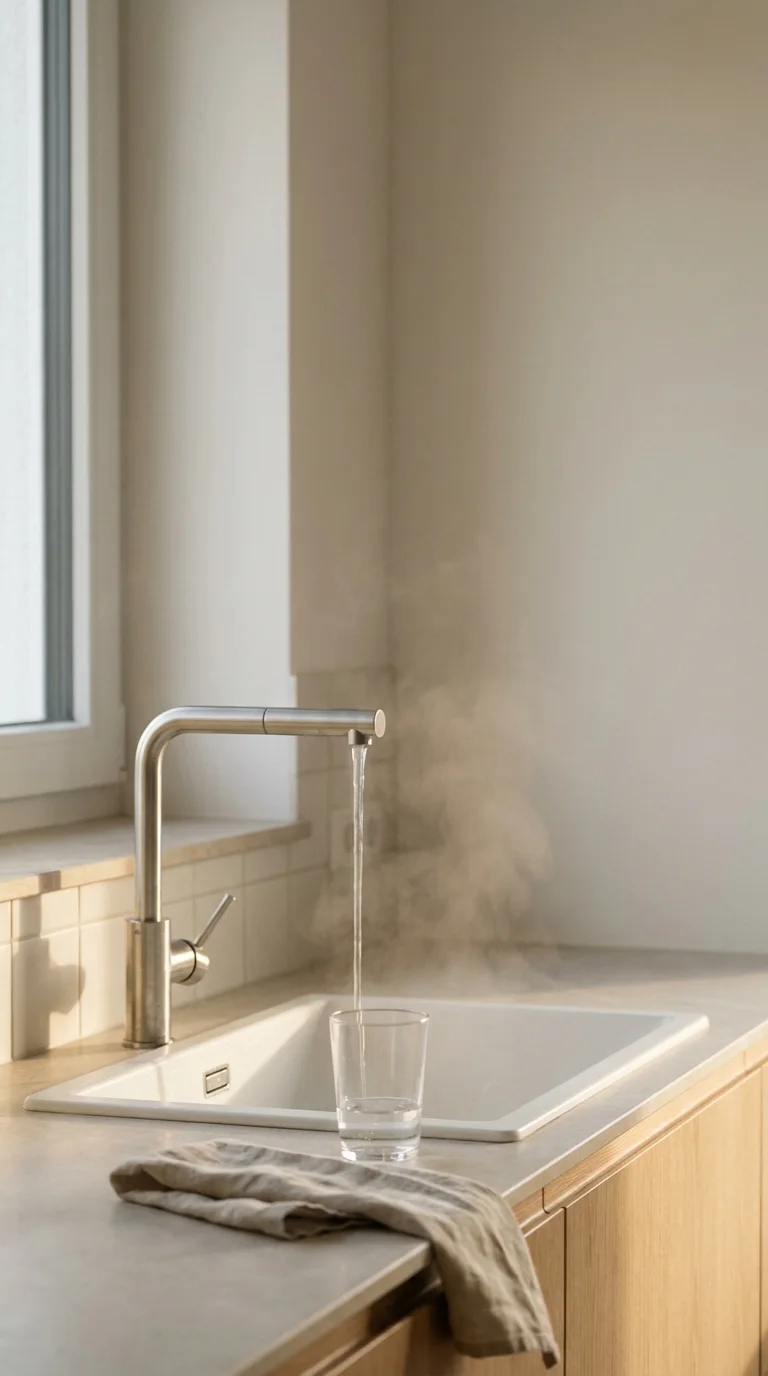 Küchenarmatur im Morgenlicht, ein klarer Wasserstrahl füllt ein Glas